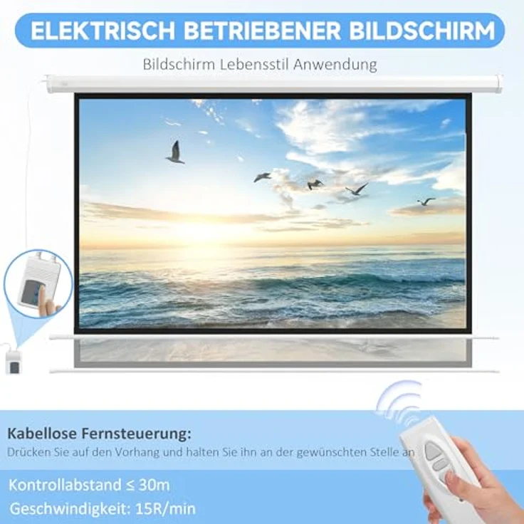 HOMCOM Beamer-Leinwand Elektrisch 266 x 149 cm 16:9, Motorisiert mit Fernbedienung, Metall, Weiß – Bild 3