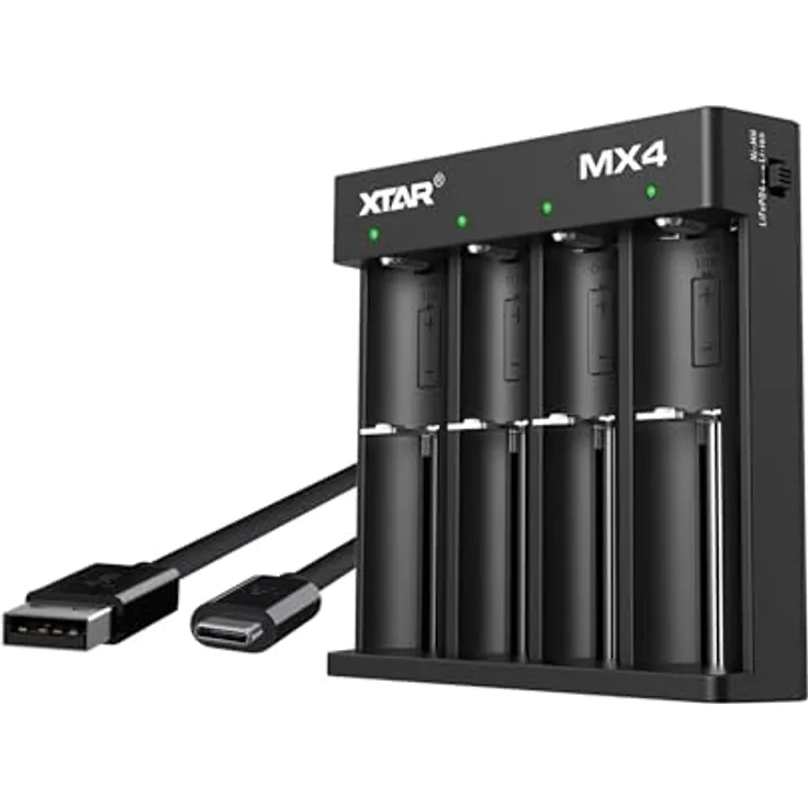 XTAR MX4 Ladegerät für 1.5V, 3.6/3.7V Li-ion, 3.2V LiFePO4, 1.2V NiMH mit 0V Reaktivierung für geschützte 21700 und 20700 Akkus