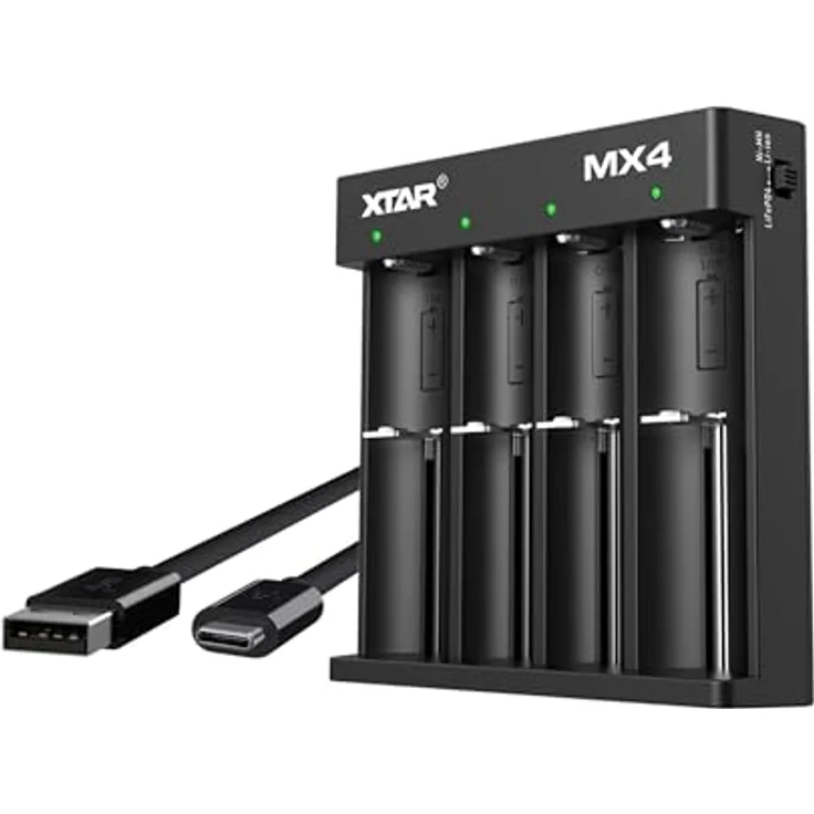 XTAR MX4 Ladegerät für 1.5V, 3.6/3.7V Li-ion, 3.2V LiFePO4, 1.2V NiMH mit 0V Reaktivierung für geschützte 21700 und 20700 Akkus – Bild 1