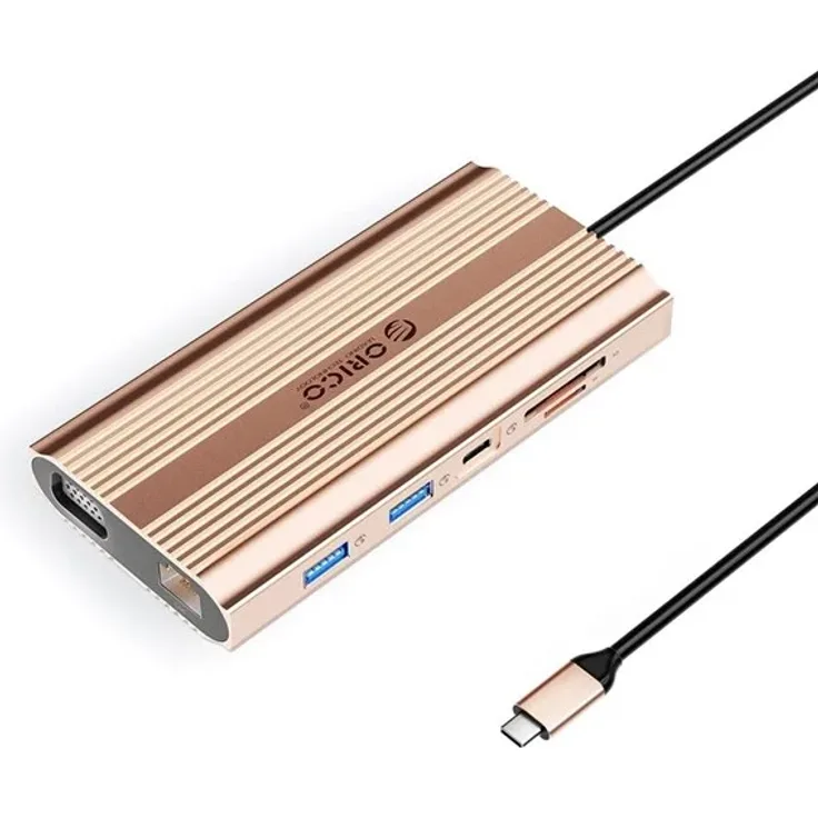 ORICO XDR 12-in-1 USB-C Docking Station, USB-A, USB-C, HDMI 4K, VGA, RJ45 Gigabit, PD 100W, SD und microSD Kartenleser, Rose Gold, USB 3.1