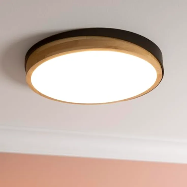 Brilliant LED Deckenleuchte, echtes Holz, 24W, 2400 Lumen, 3000K warmweiß, Ø35cm, 3-Stufen-Dimmer mit Memory-Funktion