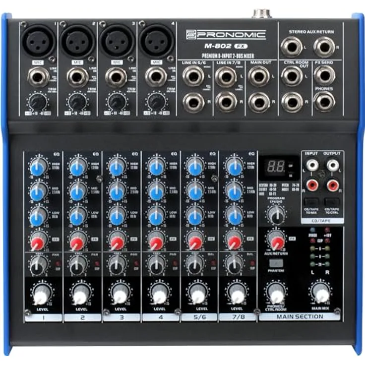 Pronomic M-802FX Live-Studio Mischpult mit digitalem 24bit Multieffektprozessor (4 Mono-Kanäle XLR-Klinke, 2-Stereo Kanäle, 3-Band-EQ, 48V Phantomspeisung)