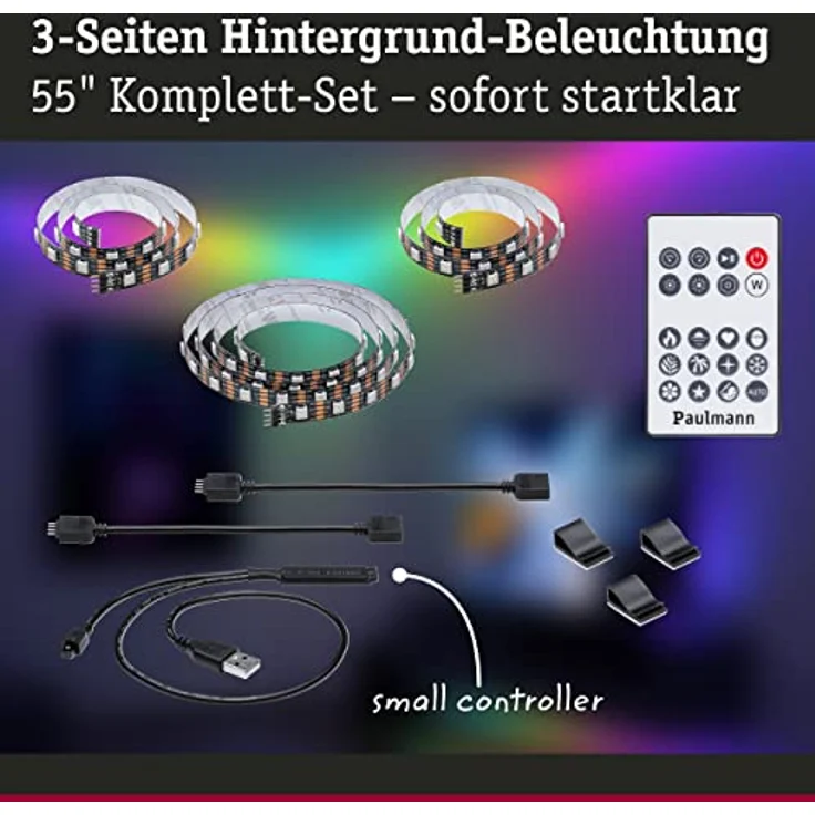 Paulmann 78880 LED Stripe USB TV-Beleuchtung 55 Zoll 2m 60LEDs/m Dynamic Rainbow RGB incl. 1x3,5 Watt dimmbar Lichtband Schwarz Kunststoff – Bild 3