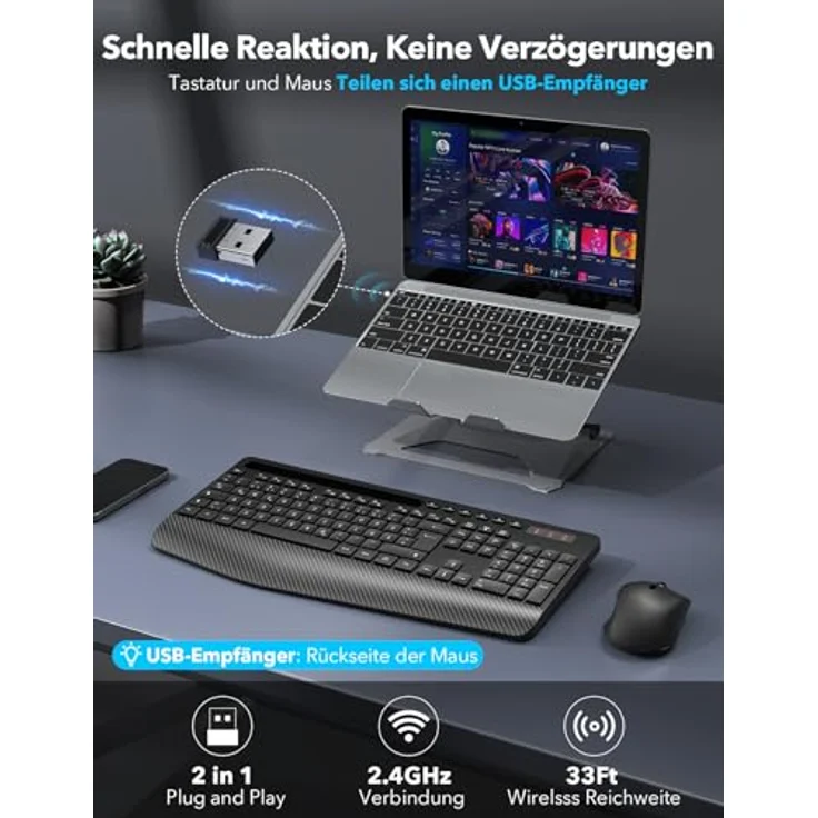 SABLUTE Kabelloses Tastatur Maus Set, Ergonomische Vollgröße mit Handgelenkauflage, Telefonhalter, leise 2,4 GHz für Mac und Windows – Bild 4