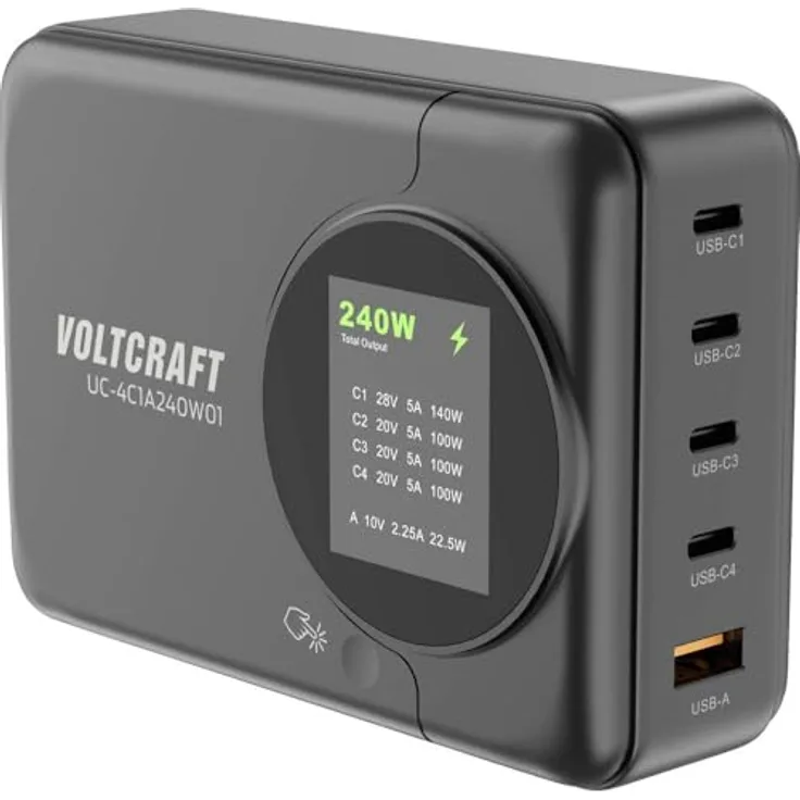 Voltcraft UC-4C1A240W01 USB Ladestation, 240 W mit 4 x USB-C, 1 x USB-A, Schwarz, GaN-Technologie, USB PD 3.0, Schnellladefunktion