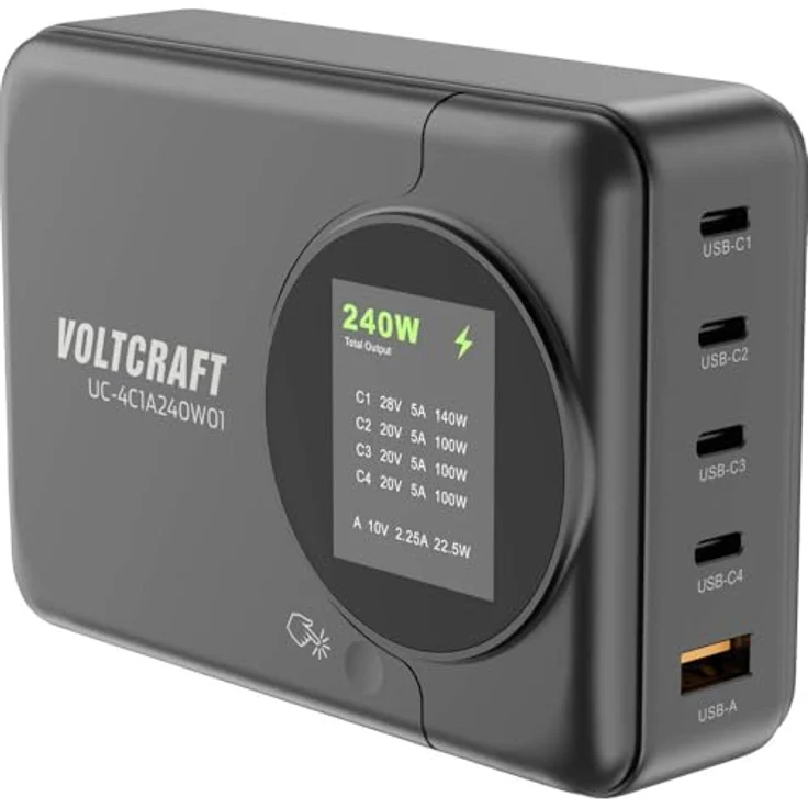 Voltcraft UC-4C1A240W01 USB Ladestation, 240 W mit 4 x USB-C, 1 x USB-A, Schwarz, GaN-Technologie, USB PD 3.0, Schnellladefunktion – Bild 1