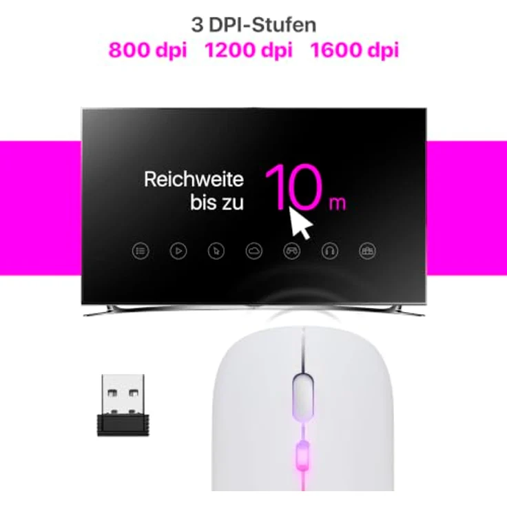 Defender Touch MM-997, Wiederaufladbare Bluetooth & 2,4 GHz Maus mit Silent Click, 1600 DPI, Ultra Slim Design, Weiß – Bild 5