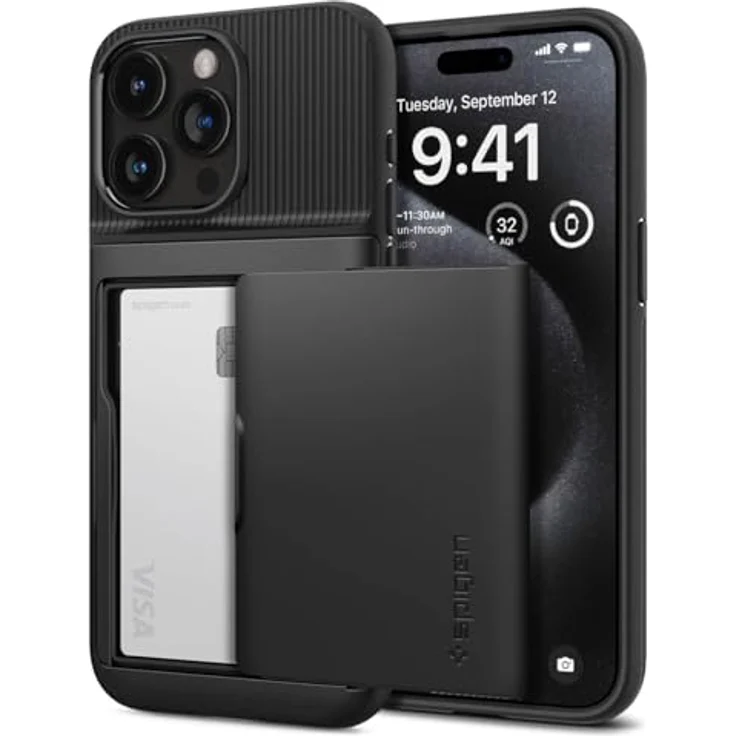 Spigen Slim Armor CS Hülle - iPhone 15 Pro Kompatibel, Schwarz, Eingebautes Kartenfach, Doppelschichtige Schutzhülle, Air Cushion Technologie – Bild 1