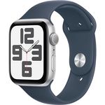 Apple Watch SE GPS (2. Generation), 44 mm Aluminiumgehäuse Silber, Sportarmband Sturmblau – S/M