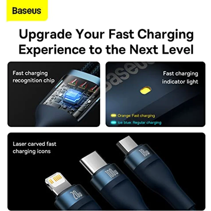 Baseus Flash Series II 100W 3-in-1 USB Kabel, Typ C/A zu C/Lightning/micro USB, 1,2m, Blau – Bild 6