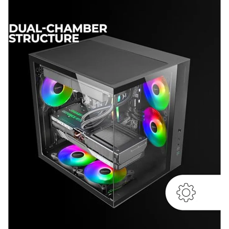 Mars Gaming MCV-ONE, ATX Gaming-Gehäuse mit durchgehendem gehärtetem Doppelglas, 12cm FRGB-Rücklüfter, Zwei-Kammer-Struktur, kompakter Mid-Tower, Wasserkühlung bis 240mm, Schwarz – Bild 4