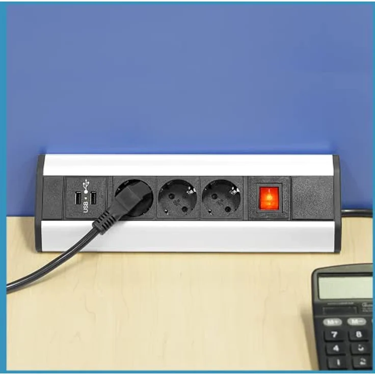 Elbe Inno® Ecksteckdose für die Arbeitsplatte, 3x Steckdosen & 2 USB-Anschlüsse, Aluminium in schwarz-grau Optik mit LED-Netzschalter und Überspannungsschutz – Bild 2