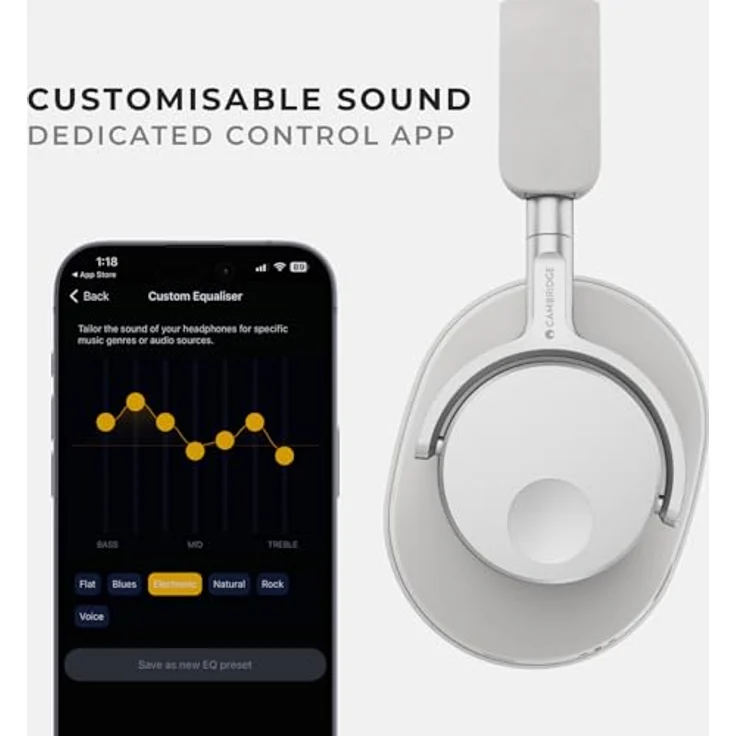 Cambridge Audio Melomania P100 Kopfhörer – Bluetooth, aktive Geräuschunterdrückung mit Hi-Fi-Sound, 100 Stunden Wiedergabe mit vom Benutzer austauschbarem Akku, Gaming-Modus und Tragetasche – Weiß – Bild 5