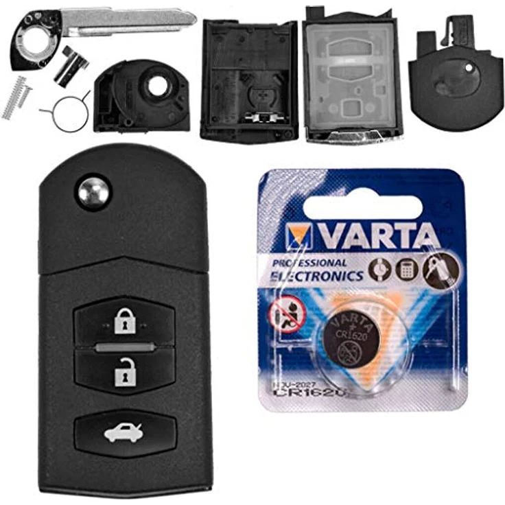mt-key Klappschlüssel Ersatzgehäuse mit 3 Tasten + Rohling + VARTA CR1620 für Mazda 2 DE, 3 BL, 5 CR, 6 GH, CX-7 ER, MX-5 NC, Schwarz – Bild 1