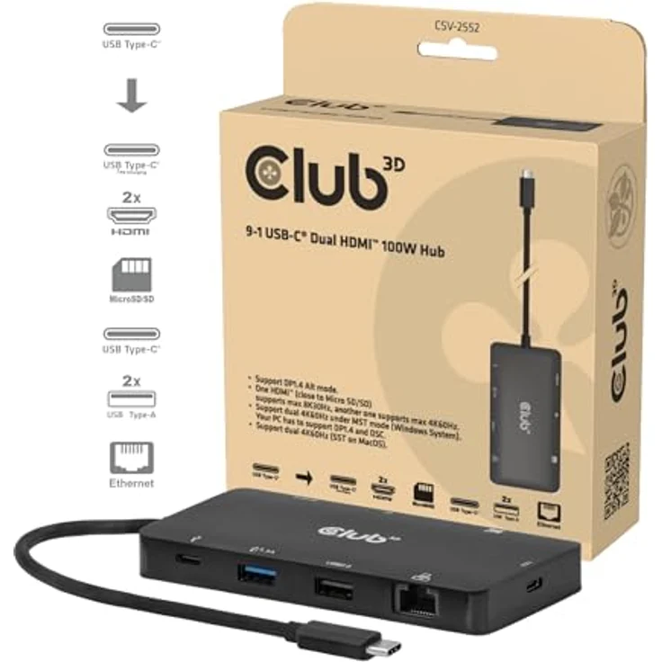 Club3D CSV-2552 USB-C® Dockingstation mit Dual HDMI, 4K60Hz, 4x USB-Anschlüssen, integrierten Micro SD/SD-Kartenlesern, RJ45 und Power Delivery 3.0 – Bild 2