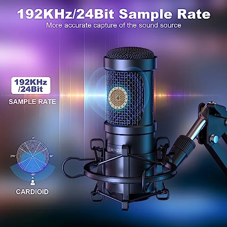aokeo USB Mikrofon Set, 192kHz/24bit Kondensatormikrofon mit Mikrofonständer, Popfilter, Windschutz, für Podcasting und Streaming – Bild 2