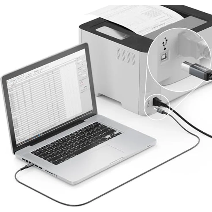 deleyCON 3,0m USB-C auf USB-B Druckerkabel, geflochten mit Metallsteckern, bis zu 480 Mbit/s, kompatibel mit HP, Samsung, Epson, Dell, Lexmark, Brother, Canon – Bild 5