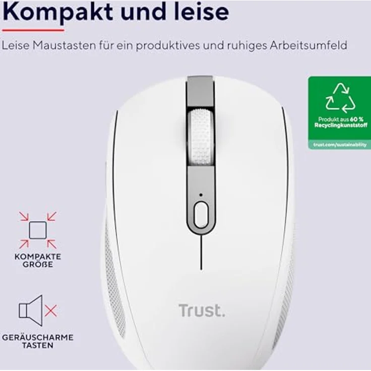 Trust Ozaa Leise Kabellose Maus Bluetooth + 2.4GHz, Kompakte Mehrgeräte Funkmaus, 60% Recyclingkunststoff, Wiederaufladbare Bluetooth Maus Laptop PC Computer Windows Android Mac - Weiß – Bild 2
