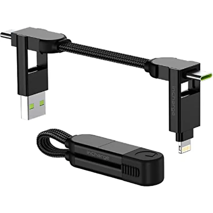 inCharge Rolling Square X Schlüsselanhänger mit USB-C-Kabel, Universal-Smartphone-Kabel, Geschenk für Männer, 6-in-1-Universalladegerät für Smartphones, tech Gadget, Schwarz, Lightning-Kabel 100W