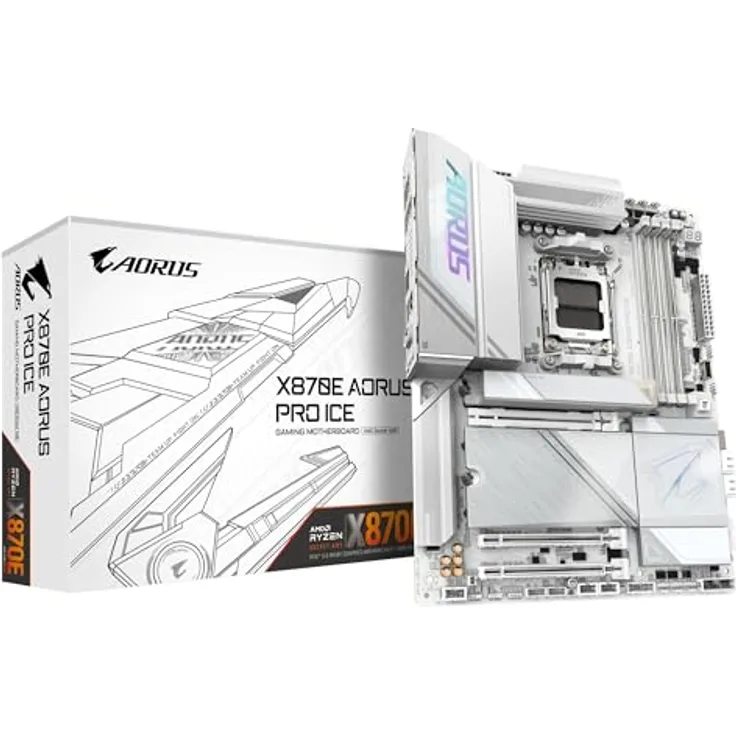 Gigabyte X870E AORUS PRO Ice-Mainboard - AMD Ryzen 9000 Unterstützung, 16+2+2 Phasen Digital-VRM, DDR5 bis 8000MHz, PCIe 5.0, Wi-Fi 7, USB 4