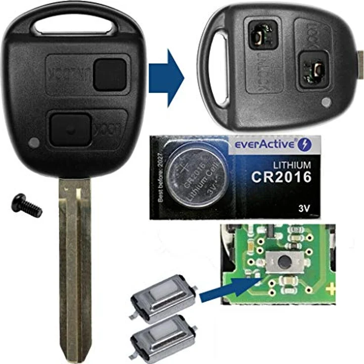 mt-key Auto Schlüssel 2 Tasten Set TOY43, inkl. Gummimatte, 2x Taster und CR2016 Knopfzelle für Toyota Avensis, Corolla, RAV4, Yaris – Bild 1