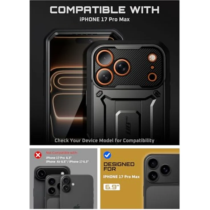 SUPCASE UBeetle Pro Hülle für iPhone 17 Pro Max 6.9”, 360° Outdoor Case mit Kamerasteuerungstaste, Displayschutz, Ständer und Gürtelclip, schwarz – Bild 2