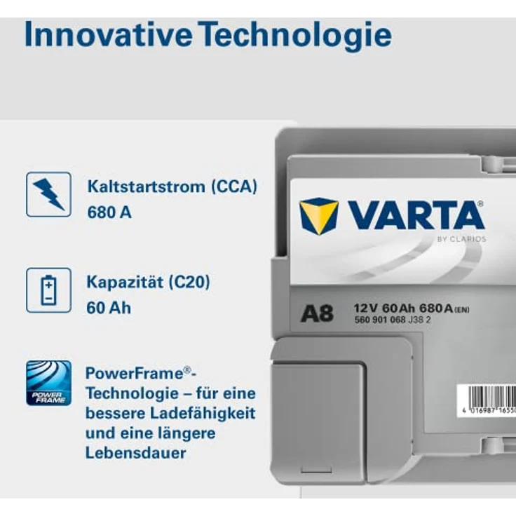 VARTA A8 Silver Dynamic AGM, 12V 60Ah 680A Autobatterie für Start-Stop-Systeme, auslaufsicher und rüttelfest – Bild 3
