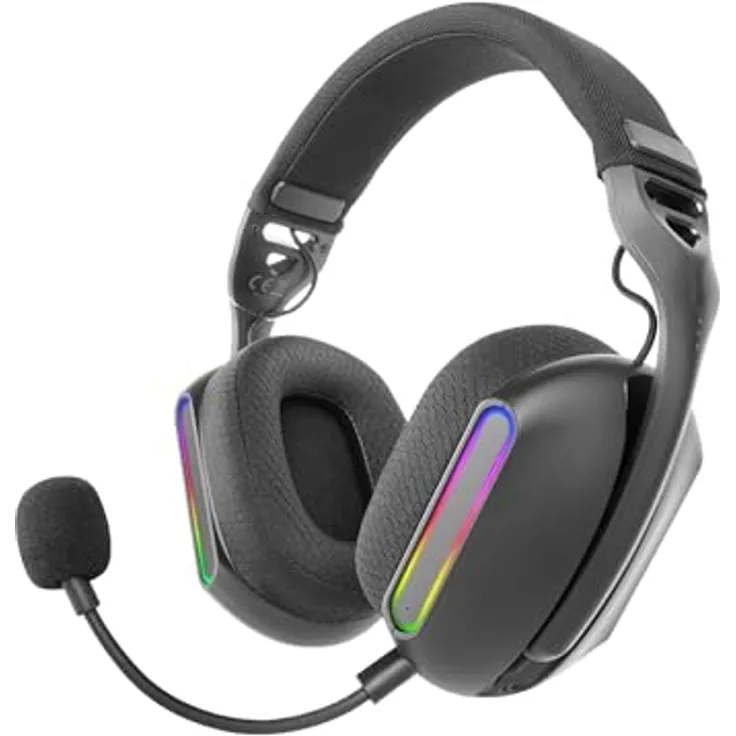 Mars Gaming MHW-PRO, Kabelloses Gaming-Headset mit 3D Surround Sound 7.1, Bluetooth 5.3, ARGB Flow Beleuchtung, Ultraleichtes Design, Duales Mikrofon, Schwarz