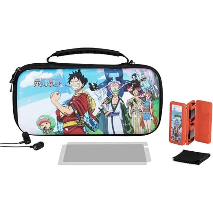 Konix One Piece Gaming - Zubehör Starter Kit Nintendo Switch, Switch Lite und Switch OLED - Tasche - Gehäuse -Schutzfolie - Kopfhörer, Schutzhülle mit doppeltem Reißverschluss und Bildschirmschutz, In-Ear-Kopfhörer mit Mikrofon und Reinigungstuch - Schwarz