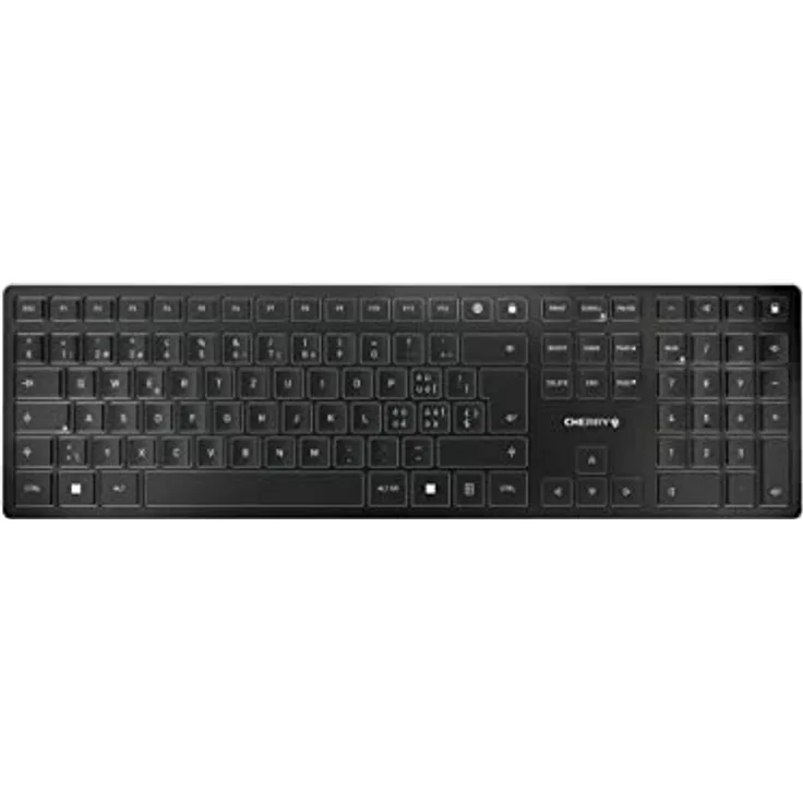 CHERRY KW 9100 Slim, kabellose Tastatur, Schweizer Layout, QWERTZ Tastatur, wahlweise Bluetooth- oder Funkverbindung, SX Scherenmechanik, wiederaufladbar über USB-Kabel, flach, schwarz-Silber