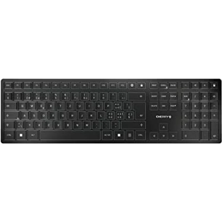 CHERRY KW 9100 Slim, kabellose Tastatur, Schweizer Layout, QWERTZ Tastatur, wahlweise Bluetooth- oder Funkverbindung, SX Scherenmechanik, wiederaufladbar über USB-Kabel, flach, schwarz-Silber – Bild 1
