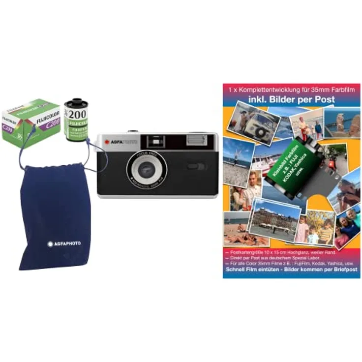 Agfa analoge 35mm Kleinbildfilm Foto Kamera schwarz + Farb Bilder Film + Batterie + KOMPLETTENTWICKLUNG Film + Bilder