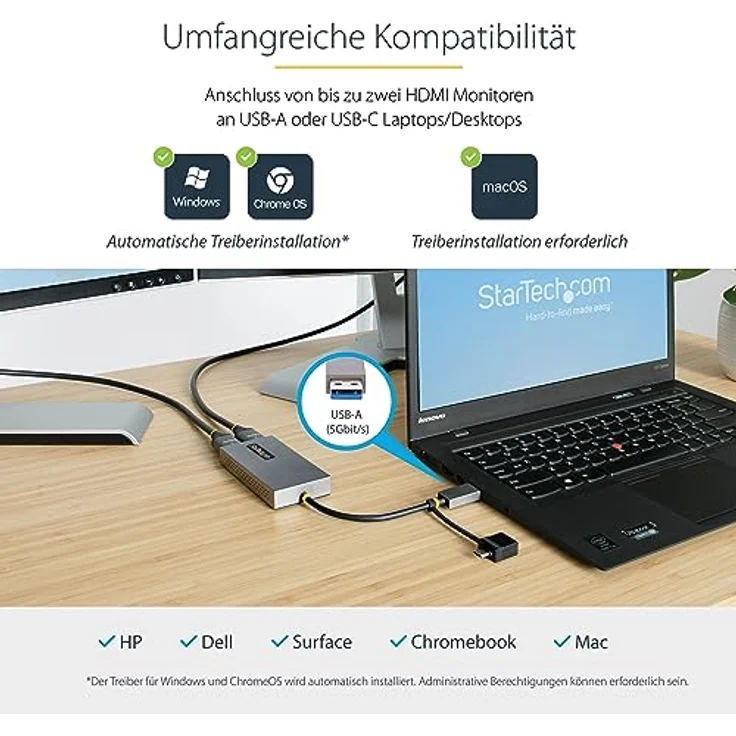 StarTech.com Dual Monitor Adapter, USB A/C auf 2x HDMI (1x 4K30Hz, 1x 1080p), externe grafikkarte, 11cm Kabel, USB 3.0 zu Bildschirm Adapter, Windows, Chrome OS & macOS (107B-USB-HDMI) – Bild 4