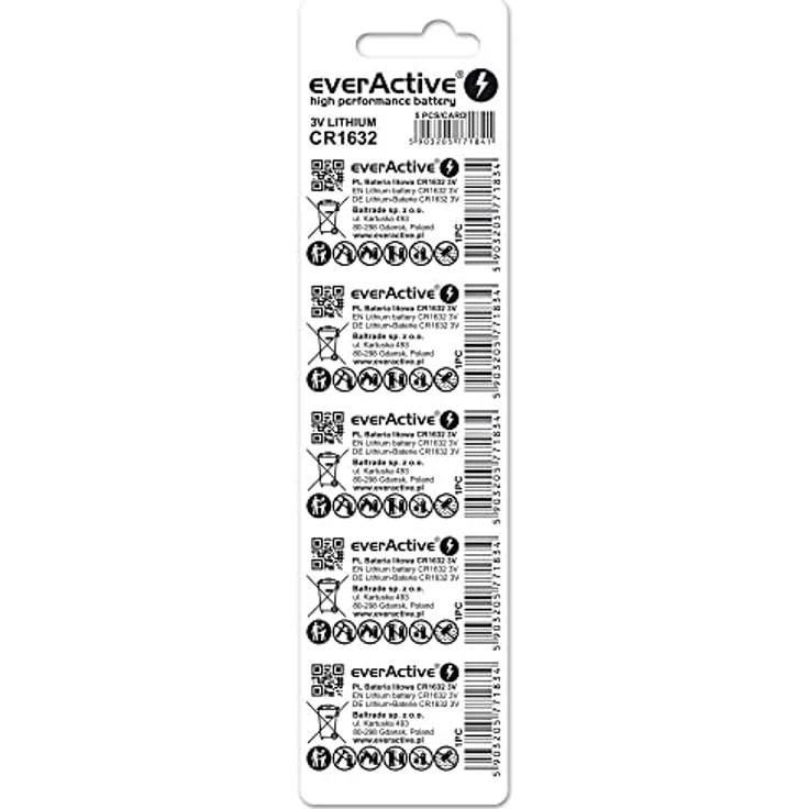 everActive CR1632 3V Lithium Knopfzelle Batterien, 5 Stück, hohe Kapazität, auslaufsicher – Bild 2