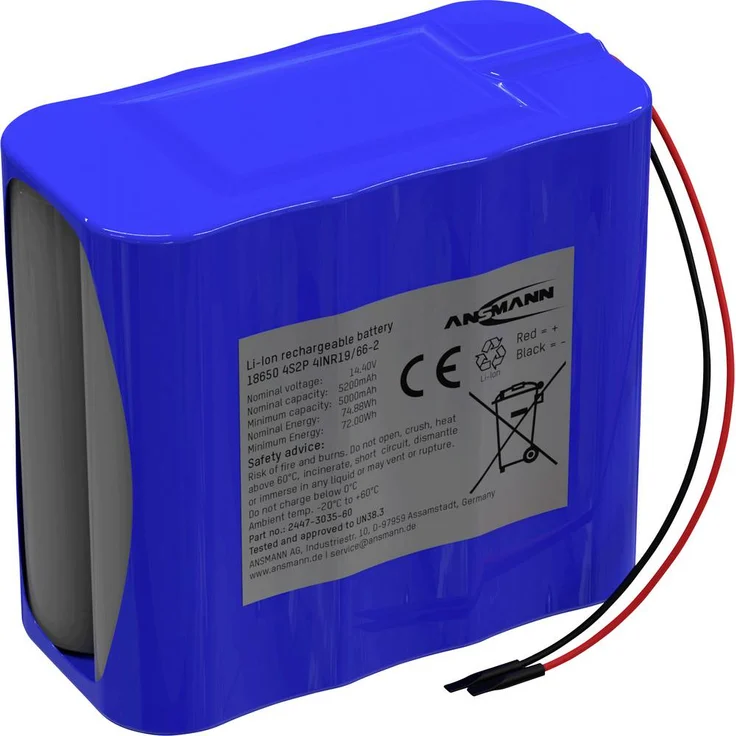 Ansmann 4S2P Akkupack, 8x 18650 Li-Ion, 14.4V, 5200mAh, thermisch stabil und kältebeständig