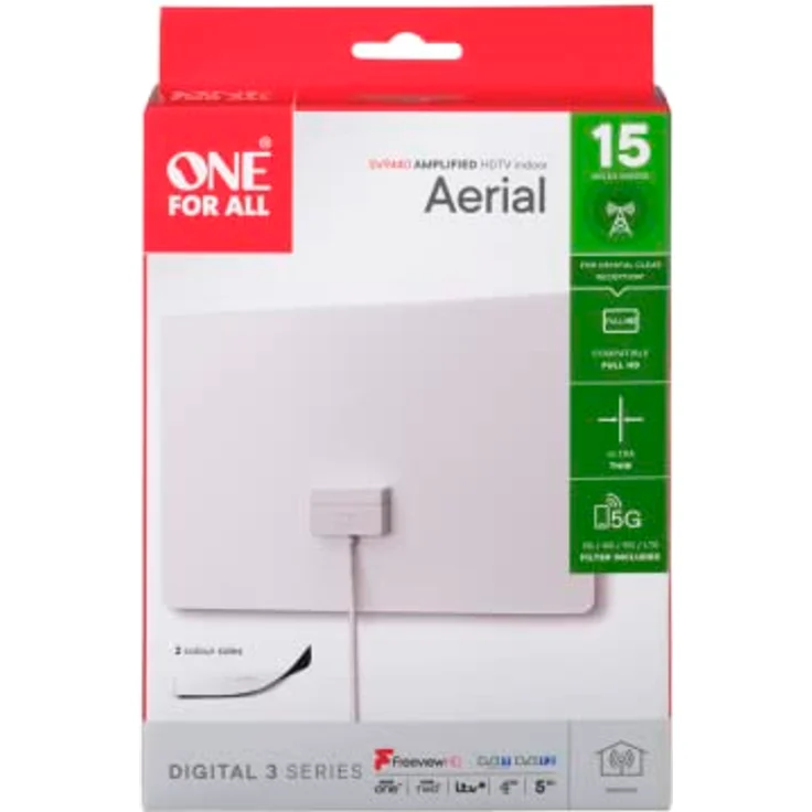 One For All DVB-T-DVB-T2 Indoor-Zimmerantenne ? Full HD-HDTV Fernseher Ultraflache TV Antenne mit Verstärker - 0-25 km Reichweite ? 3 meter Koaxialkabel - UHF-VHF - Schwarz-weiß - SV940 – Bild 4