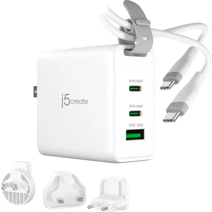 j5Create 65-Watt-GaN-USB-C-Reiseladegerät mit 3 Anschlüssen, Power Delivery, austauschbaren Netzsteck, weiss