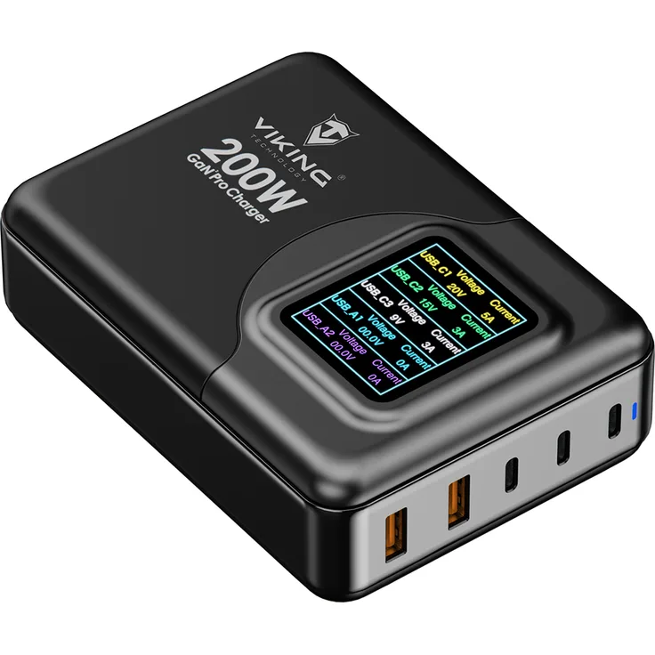 VIKING USB GaN Charger PD PRO 200W, 3 Anschlüsse mit Fast Charge Technologie, kompakt und tragbar
