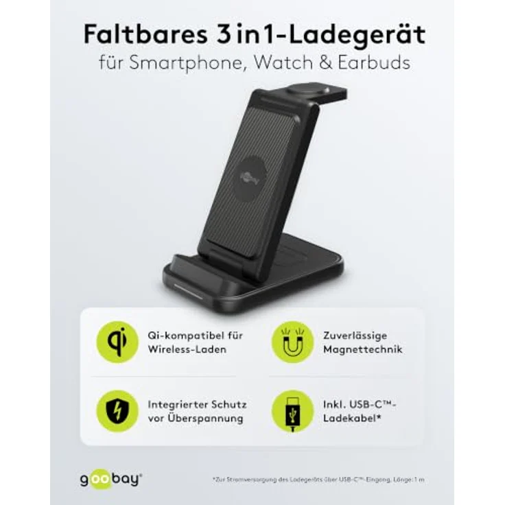 Goobay Kabelloses 3in1-Ladegerät, 15 W, induktive Ladestation für Smartphone, Smartwatch und Earbuds, kompatibel mit Qi und Schnellladung – Bild 2