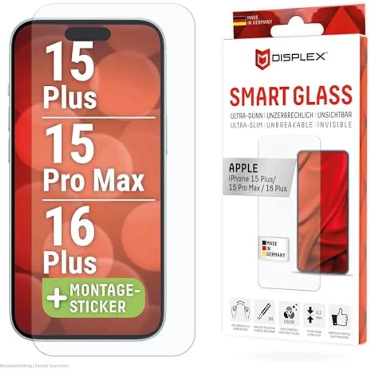 Displex Smart Glass (9H) für Apple iPhone 15 Plus/15 Pro Max/16 Plus, Montagesticker, unzerbrechlich, ultra-dünn, unsichtbar – Bild 1
