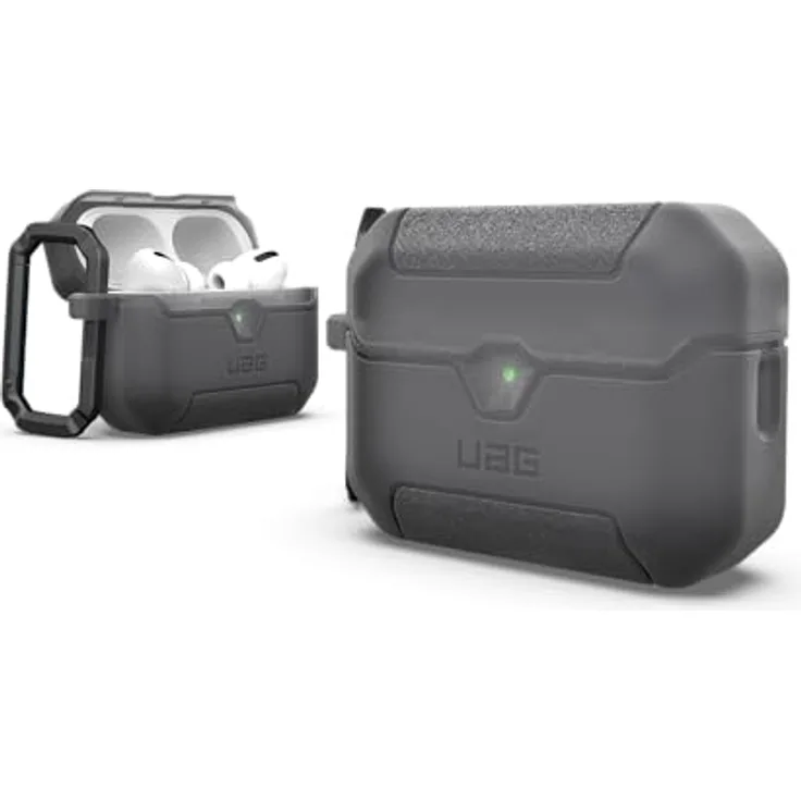 URBAN ARMOR GEAR Scout Case für Apple AirPods Pro 3, Wireless-Charging kompatibel, Sichtbare LED-Anzeige, Abnehmbarer Karabinerhaken, Smoke