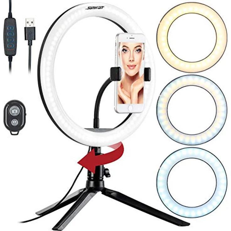 Somikon Ring Light Profi LED-Ringlicht, Ø 10" / 26 cm, Fernauslöser & Smartphone-Halter (schwarz) – Bild 2