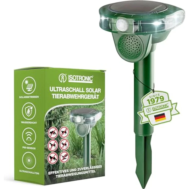 ISOTRONIC Ultraschall Solar Tiervertreiber, Katzenschreck, Hundeschreck, Wildtiere | 5m Reichweite | einstellbare Frequenz | 1 Stück – Bild 1