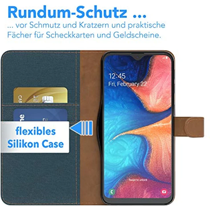EAZY CASE Tasche kompatibel mit Samsung Galaxy A20e Stoff Schutzhülle mit Standfunktion Klapphülle im Bookstyle, Handytasche Handyhülle mit Magnetverschluss und Kartenfach, Kunstleder, Dunkelblau – Bild 4