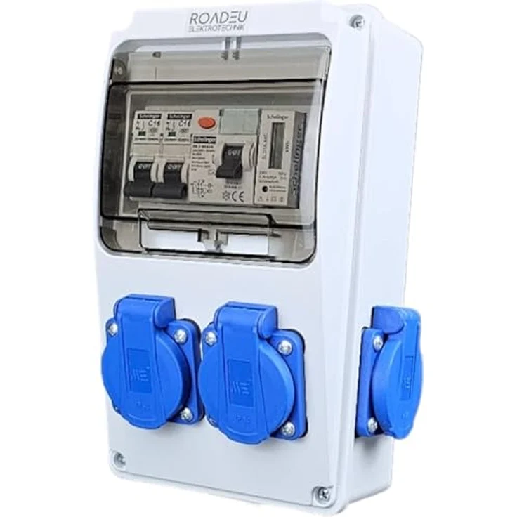 RoadEu Stromverteiler 230V mit Zähler, 4x Schuko, Fi Schutzschalter 40A, 2x Leistungsschalter C16A - IP44, Digitaler Stromzähler, Hutschiene – Bild 3