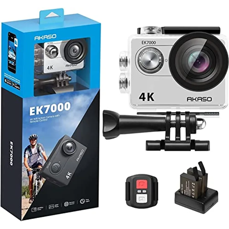 AKASO EK7000 Action Cam, 4K 30fps, 170° Weitwinkel, 20MP, wasserdicht, WiFi, 2 Zoll LCD, 2 Batterien (Silber)