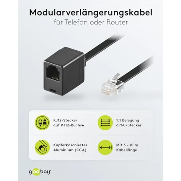 Goobay 68261 Modularverlängerungskabel, RJ12-Stecker (6P6C) > RJ12-Buchse (6P6C), 10m, schwarz – Bild 3