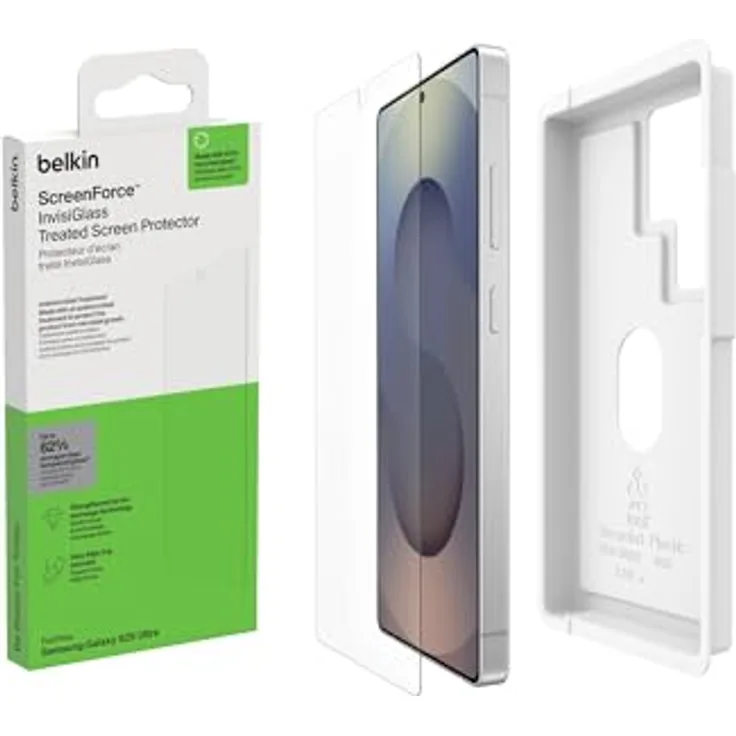 Belkin ScreenForce InvisiGlass Panzerglas für Samsung Galaxy S25 Ultra, antimikrobielle, kratzfeste Displayschutzfolie mit Positionierungsschale - Recyceltes Glas, Härtegrad 9H