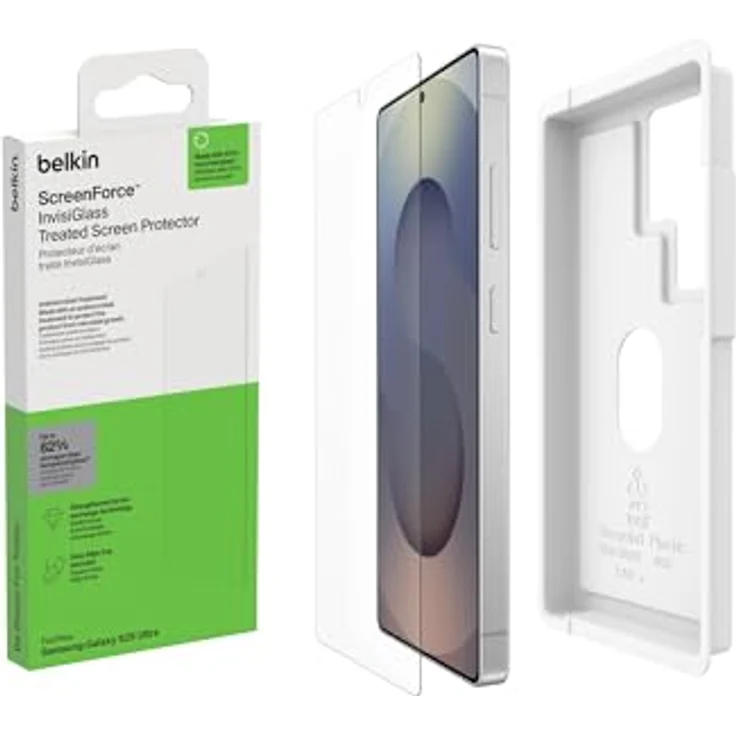 Belkin ScreenForce InvisiGlass Panzerglas für Samsung Galaxy S25 Ultra, antimikrobielle, kratzfeste Displayschutzfolie mit Positionierungsschale - Recyceltes Glas, Härtegrad 9H – Bild 1
