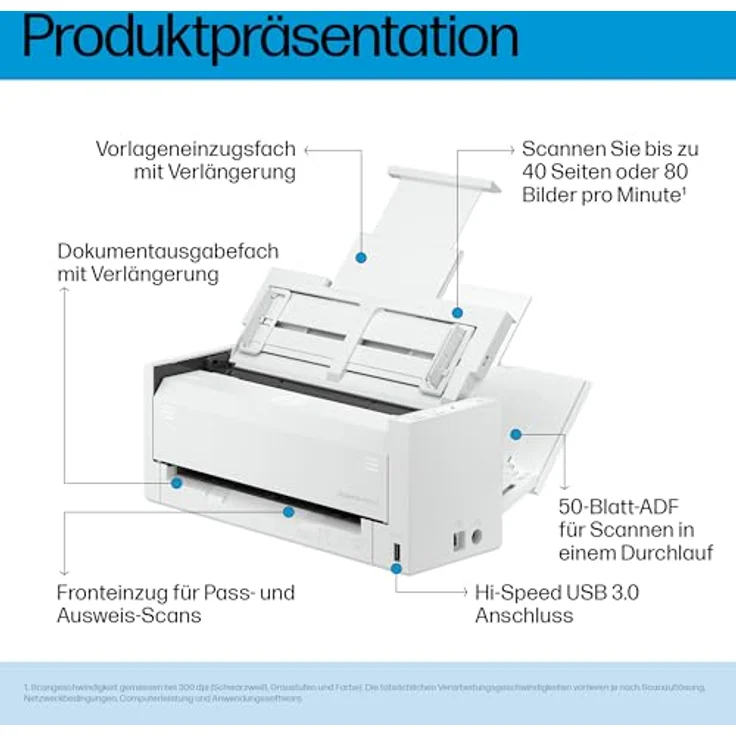 HP ScanJet Pro 4200 s1, ADF Duplex-Scanner für A4 mit 600 DPI, 40 ppm, Blau und Weiß – Bild 3